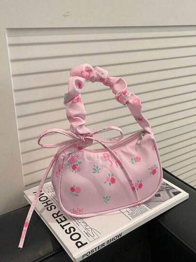 1个粉色尼龙印花拉链休闲单肩包，适合女性日常使用