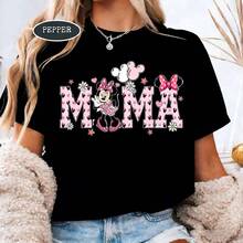 Disney Minnie Mouse MAMA Mother's Day White Oversized Cotton T-Shirt, Cute Mom Gift Tee, Casual Loose Fit Top For Women - 黑色 - 查看 1