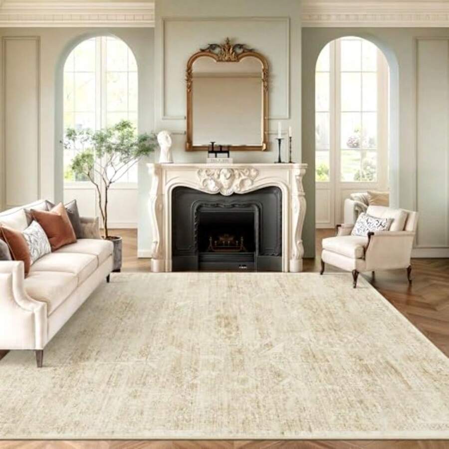Washable Area Rug 8x10 Large Soft Rugs for Living Room Vintage Beige 8x10 Area Rugs for Bedroom Dining Room Floral Non-Slip Thin Rug - Beige/Marfil - Ver 1