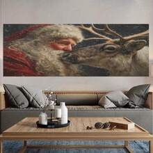 Arte de pared 2D plano de reno de Papá Noel en madera maciza, decoración de invierno y Navidad con póster en lienzo envuelto listo para colgar, mural para sala de estar de granja, dormitorio, regalo festivo, póster de Papá Noel y reno para decoración de dormitorio, sala de estar y oficina - Enmarcado - Ver 4