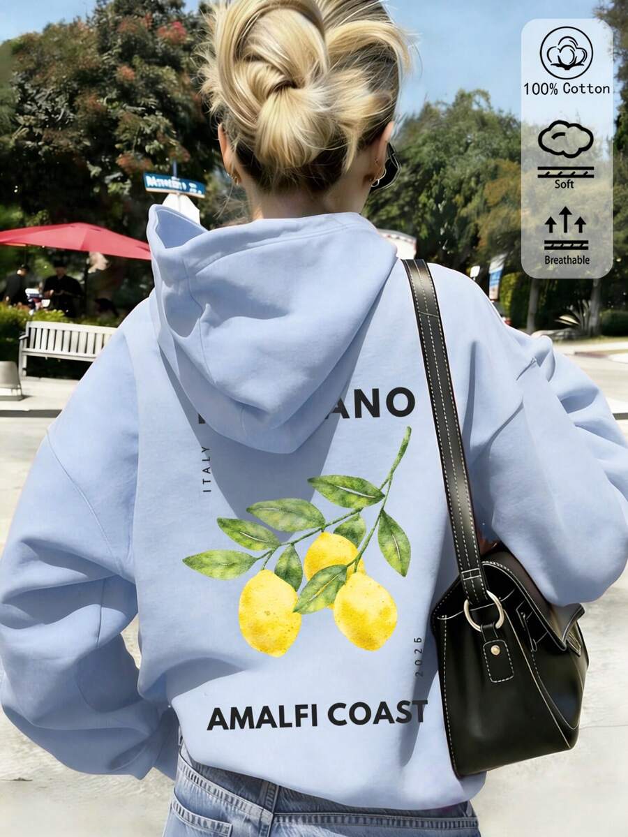 Gelbes Zitronen-Muster Top, Damen Basic Loose Fit Kapuzenpullover Große Größen, Urlaub Reise Strand, Geburtstag, Party, Treffen - Himmelblau - Übersicht 1