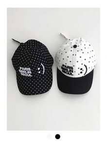 软顶黑色波点字母刺绣宽檐棒球帽，春夏外出修脸撞色可调节后扣帽，美式遮阳帽，嘻哈撞色棒球帽，沙滩度假 - 彩色 - 查看 3