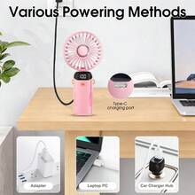 Ventilador portátil recargable con base y cordón, que brilla en la oscuridad, con 6 velocidades de viento ajustables, adecuado para oficina, transporte, campamento, picnic, senderismo, playa, mochilero, deportes, ventilador de enfriamiento esencial para viajes de verano - Soporte de Mano - Ver 10