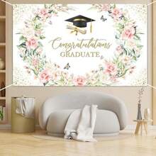 Pink Floral Graduation Banner Class Of 2026 Congratulations Graduate Backdrop Watercolor Flowers Gold Graduation Prom Party Decorations Banner Supplies 6x3.6ft - 粉紅色的 - 查看 6