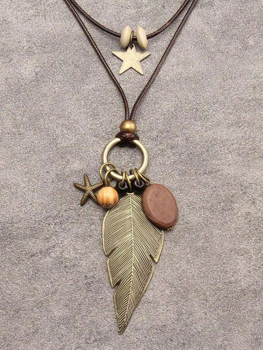 1pc Multi-Layer Brown Wax Rope Vintage Round Disc Five-Pointed Star Wood Bead Pendant Necklace With Big Hollow Leaf & Money Tree Charm, Antique Bronze Key & Note Pendant Necklace, Fashion Long Necklace, Great Gift For Mom & Girlfriend - Dây sáp - Xem 1