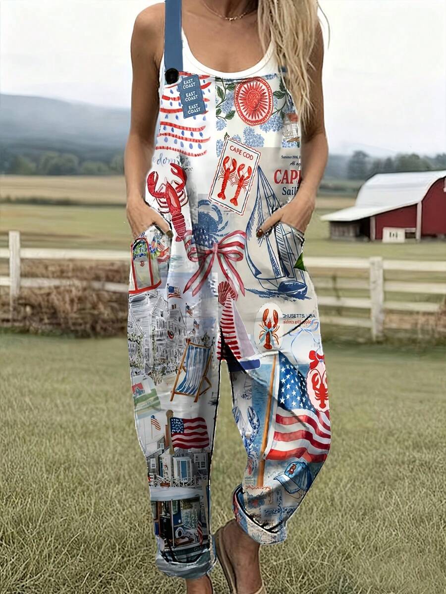 American Coastal Element Collage Print Women's Adjustable Strap Jumpsuit, Polyester, Lightweight And Breathable, Women's Clothing, Regular Women's Clothing, Women's Jumpsuits And Rompers, Women's Jumpsuit, Women's Plus Size Jumpsuit - 彩色 - 查看 1