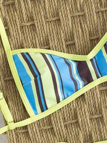 Conjunto de traje de baño de dos piezas con estampado integral sexy y minimalista para mujer, atuendo de fiesta, vacaciones en la playa y citas, nuevo lanzamiento de primavera/verano - Tiras de café azules - Ver 5