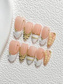 10Pcs Luxurious And Elegant Style Handmade Nail Art Set,Unghie Press On,Golden Pearl Nail Art Accessories,Line Nail Art Decorations,Yellow Nail Polish,Noble And Stylish Aesthetic,Comes With Nail Tools(1 Sheets Jelly Stickers+1PC Nail File)3 Sizes Available,Almond Nails, Duck Nails,Coffin Nails,Suitable For Reunion,Daily,Party,Photograph,Play,Spring Summer,Commute Supplies Nails - 彩色 - 查看 3