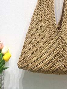 And Stylish Casual Crocheted Shoulder Bag, Simple And Large-Capacity Commuter Tote Bag, Beach Bag,Suitable For Vacations And Beaches. - Khaki - View 4