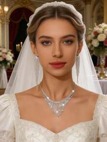 Elegant Silver-Plated Copper Earrings And Necklace Set, Inlaid With Rhinestones, Designed For Women's Party And Formal Wear,Summer,Jewellery - Silver - View 7