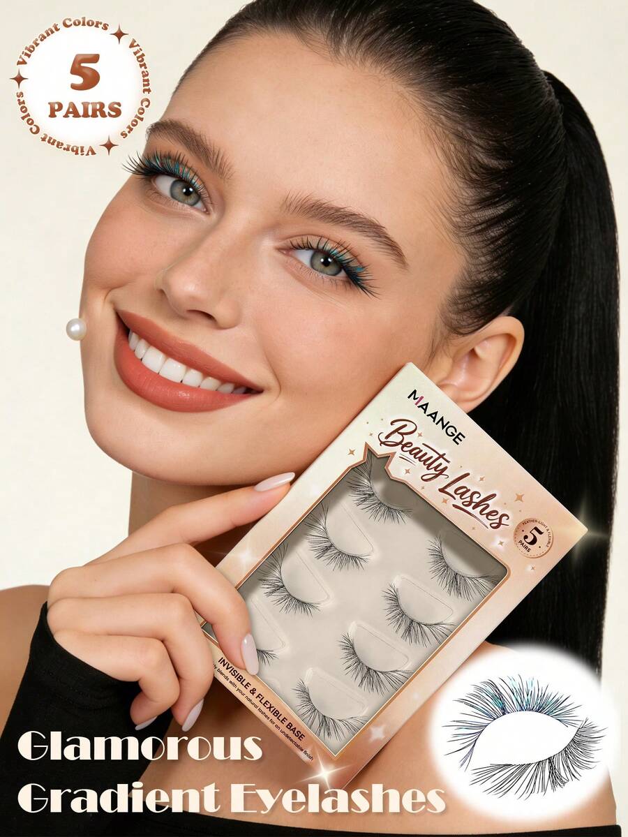 MAANGE 5 Pairs Shimmering Ombre Transparent Stem False Eyelashes, Soft Cartoon Lashes, Innocent Lively Anime Eye Makeup Lashes, Cat Eye Lashes, Summer Fresh Soft Lashes, Reusable Colored Strip Lashes Suitable For Daily Wear, Party, Concert, Cosplay And Holiday Makeup, Summer Anime Style Lashes