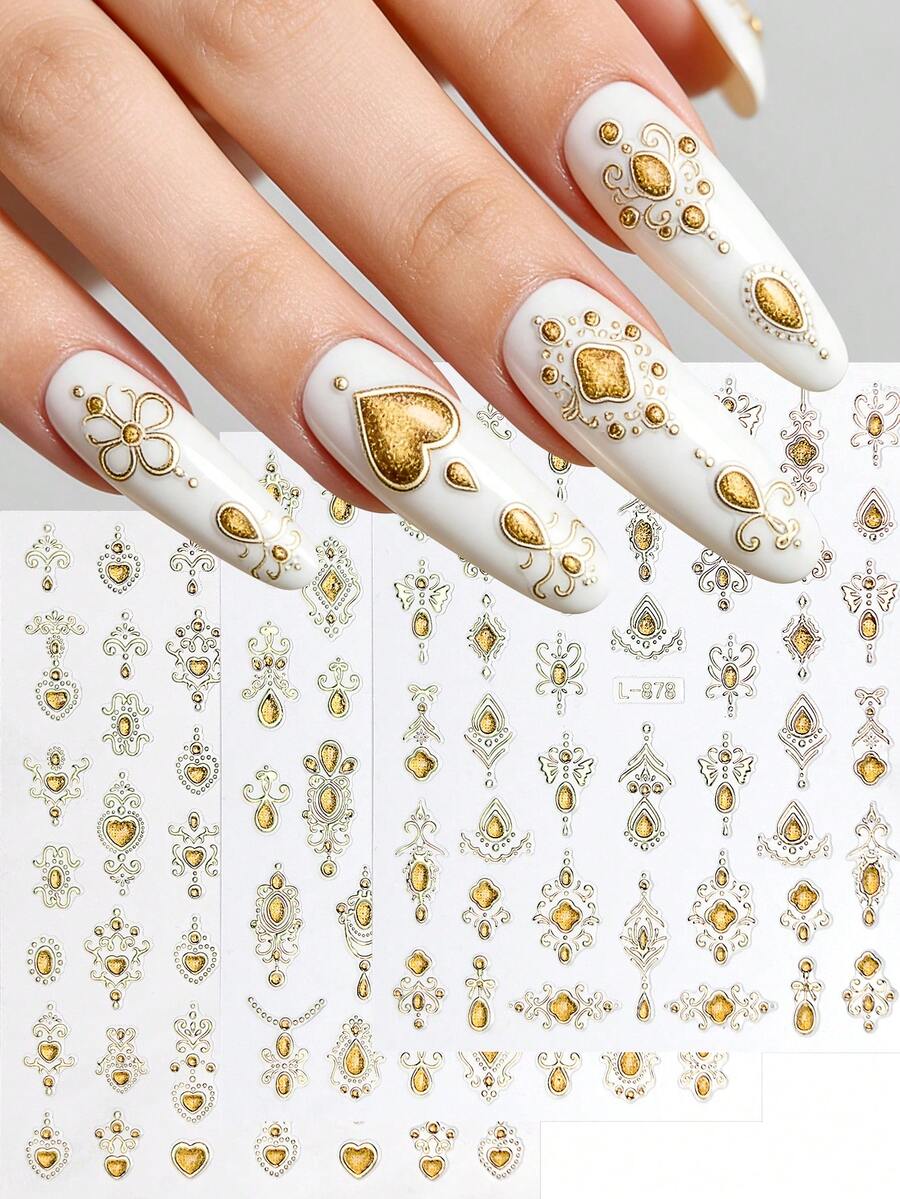 3 pezzi Adesivi per unghie dorati, design con gemme dorate in rilievo, decorazioni reali, autoadesivi, regalo per donne, decorazione fai-da-te per manicure, forniture per nail art - Multicolore - Visualizzare 1