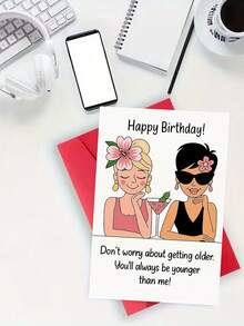 1 chiếc, Thiệp chúc mừng sinh nhật vui nhộn dành cho bạn thân "Nhỏ hơn mình". Bao gồm phong bì, giấy mỹ thuật cao cấp. Thiết kế hình ảnh các cô gái hoạt hình với hoa và kính thời trang. Hoàn hảo cho sinh nhật bạn gái - Chiếc thiệp nhẹ nhàng lý tưởng (12cm/4.7in X 17cm/6.7in) - Phong bì đỏ - Xem 4