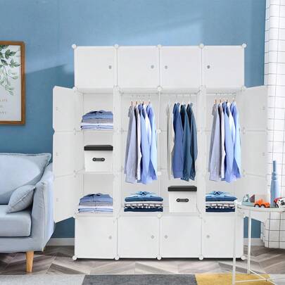 20 stapelbare Kunststoff-Würfelregale, multifunktionales modulares Schranksystem mit Kleiderstange, weiß