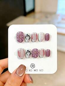 10片手工3D立体花朵美甲贴纸，透明紫色花朵设计，饰以金色铆钉，可重复使用的美甲贴片，适合女性和女孩，可用于派对、婚礼、日常佩戴、DIY美甲，包含美甲工具和手工按压式美甲贴片。 - 紫丁香色 - 查看 11