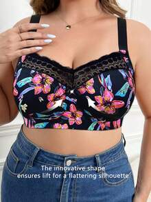 Lace Patchwork Sexy Front Closure Wireless Bra For Women, Casual Comfortable Minimalist Back Design, Thickened Plus Size Bra Wireless - Black - View 3