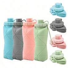 1pc 600ml Silicone Folding Bottle Adult Portable Reusable Plastic Cups Outdoor Travel Gym Water Bottle Motivational Drinking Bottle - 彩色 - 查看 16