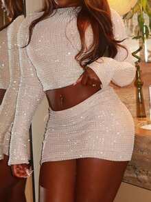 Unadoll Women's Spring Summer Y2K Sparkly Rhinestone Grid Print Long Sleeve Crop Top & Bodycon Mini Skirt Two Pieces Set Off White Wedding Guest Party Outfit - Apricot - View 10