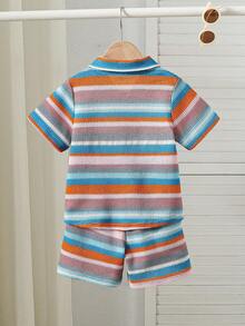 2pcs Young BoySummer Striped Short Sleeve Cardigan And Shorts Set, Fashionable Casual - Multicolor - View 2