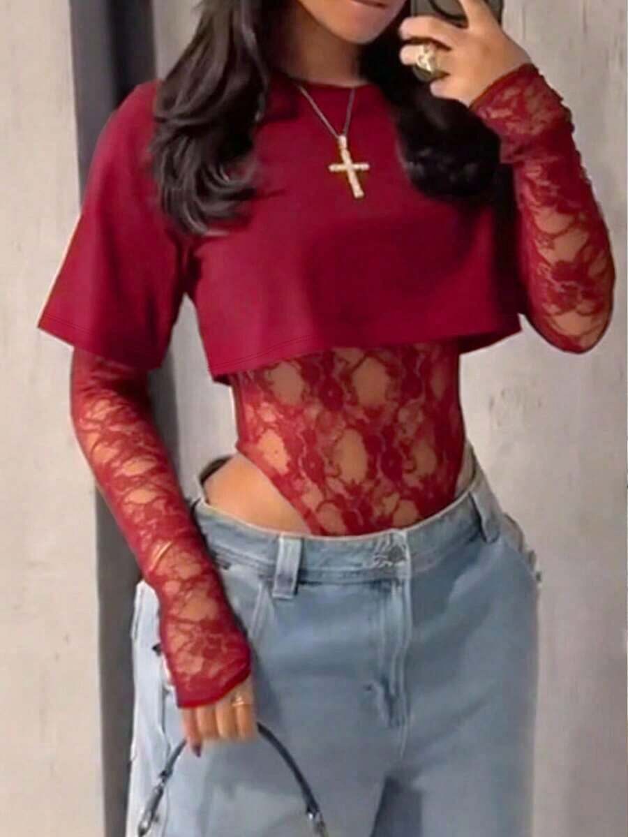 Blusa corta de mujer con mangas cortas de encaje transparente, body sexy de unicolor con parches de encaje transparente para uso diario, citas, fiestas de solteros, actuaciones en el escenario, elegante para primavera/verano - Rojo - Ver 1