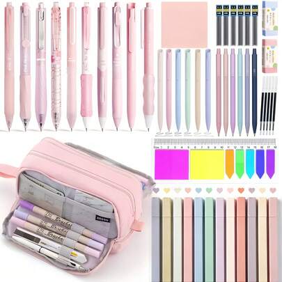 1 Set Aesthetic School Supplies With Large Pencil Case, 12 Highlighter, 10 Black Ink Gel Pens, Cute Writing Pens With Black & Pink Ink, 0.5 Mm Smooth Fine Point,6 Mechanical Pencils Set, Sticky Notes, Complete Essentials Stationery Kit For Students.Stationery Bag School College Office Organizer For Teens Girls Adults Student.