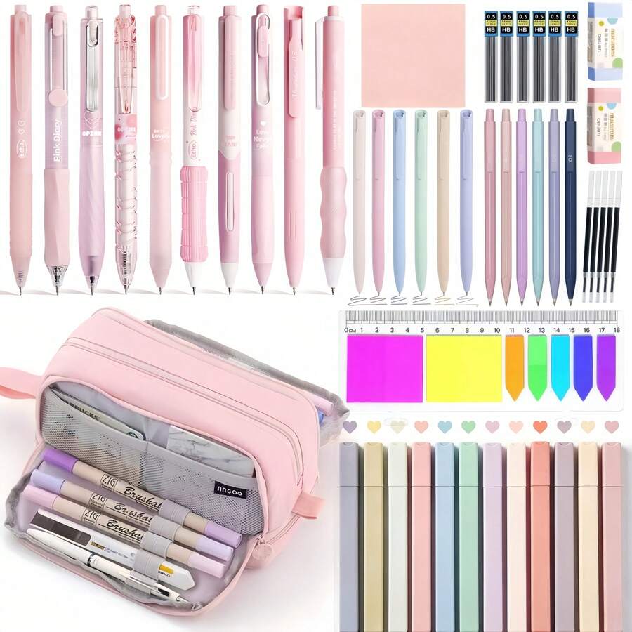 Bộ dụng cụ học tập thẩm mỹ gồm hộp bút lớn, 12 bút dạ quang, 10 bút bi mực đen, bút viết dễ thương mực đen & hồng, ngòi 0.5 mm mềm mịn, 6 bút chì bấm, giấy ghi chú, bộ văn phòng phẩm thiết yếu đầy đủ cho học sinh. Túi đựng văn phòng phẩm dùng cho trường học, cao đẳng, văn phòng phẩm dành cho thanh thiếu niên, nữ sinh, người lớn và học sinh. - Bộ - Xem 1