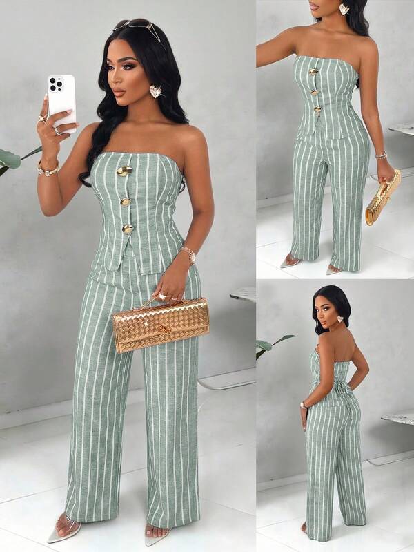 AIJ Amarilo Women's Blue & White Striped Strapless 2 Pieces Set: Front-Zip Vest + Wide-Leg Pants, Summer Beach Vacation Elegant