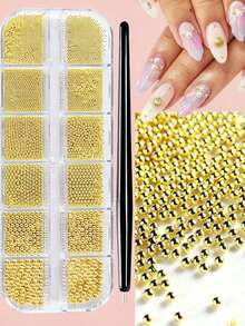 12pcs/Box Gold Stainless Steel Metal Beads Nail Art Decoration, 3D Mini 1mm Caviar Beads Silver Pendant Faux Pearl Nail Jewelry - Multicolor - View 4
