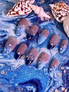 10 Móng Tay Giả Nữ Mùa Hè, Móng Tay Giả Acrylic Thủ Công với Hiệu Ứng Chuyển Màu Xanh Dương, Hình Vỏ Sò & Hoa 3D, Điểm Nhấn Ngọc Trai & Đá Quý, Hình Dáng Hạnh Nhân Dài Bóng Mịn, Móng Giả Tái Sử Dụng Cho Đi Biển, Kỳ Nghỉ, Tiệc Tùng, Sử Dụng Hàng Ngày, Dụng Cụ Làm Móng - Nhiều màu - Xem 2