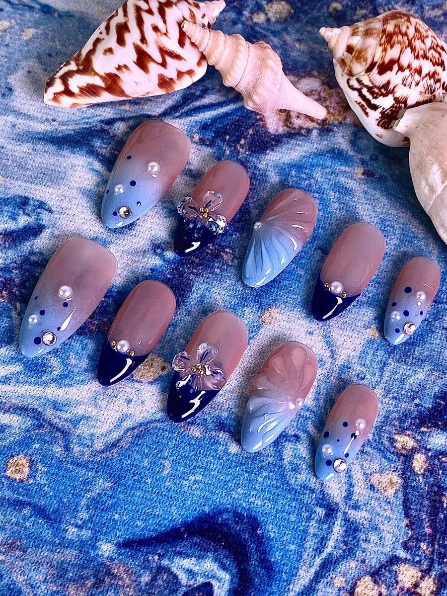 10 Móng Tay Giả Nữ Mùa Hè, Móng Tay Giả Acrylic Thủ Công với Hiệu Ứng Chuyển Màu Xanh Dương, Hình Vỏ Sò & Hoa 3D, Điểm Nhấn Ngọc Trai & Đá Quý, Hình Dáng Hạnh Nhân Dài Bóng Mịn, Móng Giả Tái Sử Dụng Cho Đi Biển, Kỳ Nghỉ, Tiệc Tùng, Sử Dụng Hàng Ngày, Dụng Cụ Làm Móng