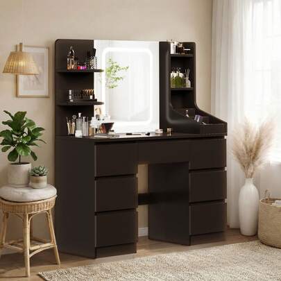  Devoko Vanity Unit With LED Lighting, 3-Stage Brightness Control, Vanity Unit With Adjustable Mirror, 7 Drawers And Open Shelves, Modern Wooden Dressing Table For The Bedroom, Stylish Contemporary Design, Stepless Dimming, White/Pink/Black