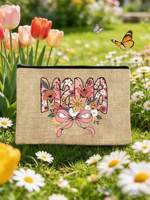 Women's Cosmetic Bag, Mother's Day Gift Makeup Bag With Cute Floral MAMA And Pink Bow Print, Stuff Toiletry Bag, Zippered Toiletry Pouch For Toiletries, Makeup, Travel Essentials, 6 Colors Available, Beach Bag For Women, Portable Organizer Bag, Beach Bag, Transparent Toiletry Bag, Travel Pouch, Travel Makeup Bag - Multicolor - View 5