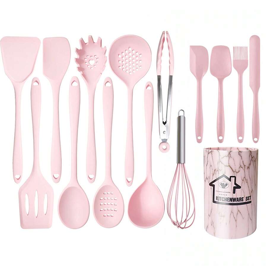 Set Peralatan Dapur Silikon, Set Peralatan Masak Warna Pink dengan Rak Penyimpanan Motif Marmer, Peralatan Masak Anti Lengket Tahan Panas, Cocok untuk Peralatan Masak Anti Lengket, Perlengkapan Dapur untuk Memasak dan Memanggang - View 1