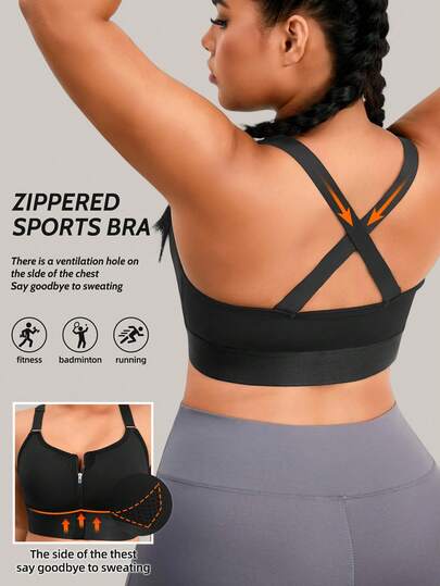 1pc Women Plus Size Sports Bra, Adjustable Lift And Support, Front Zipper Closure Casual Camisole