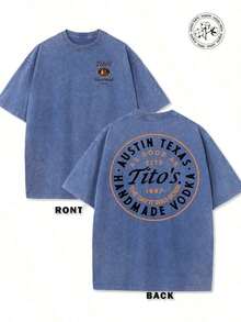 NUDEA 1pc Valentine's Day, Tito's Handmade Vodka Print Washed Oversized Graphic Tee, Retro, Casual, Suitable For Date Night Women Outfit,  Tops Women, Party Outfits - 寶藍色 - 查看 1