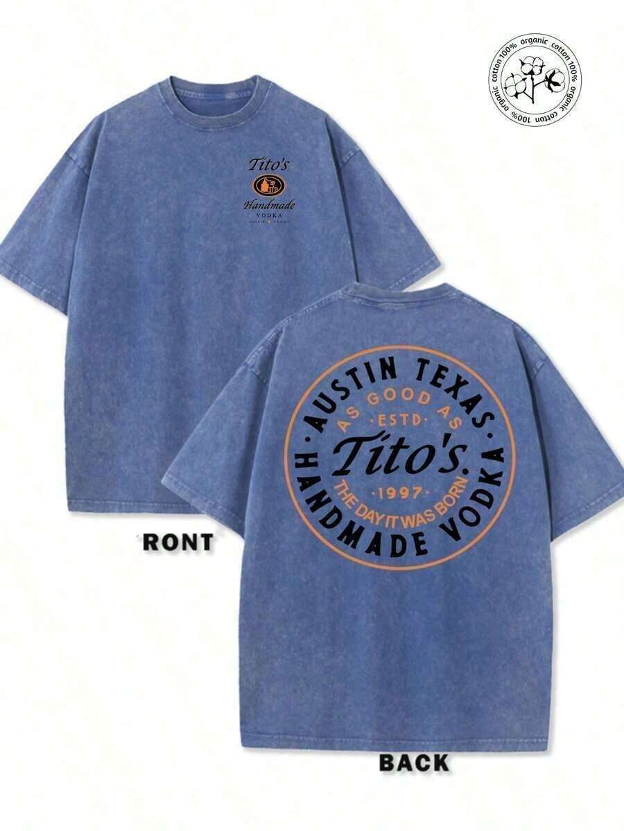 NUDEA 1pc Valentine's Day, Tito's Handmade Vodka Print Washed Oversized Graphic Tee, Retro, Casual, Suitable For Date Night Women Outfit,  Tops Women, Party Outfits - 寶藍色 - 查看 1