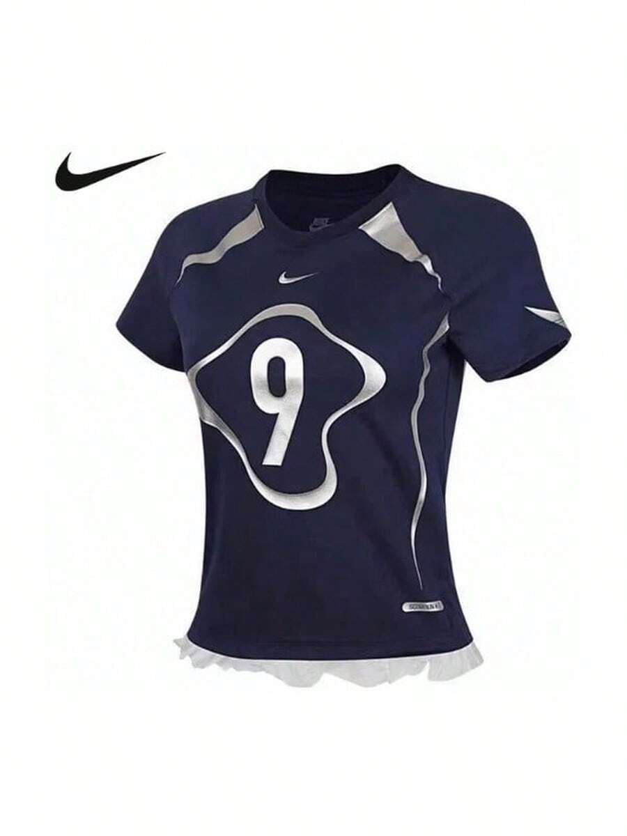Nike Women's Summer New Retro Digital Lace Slim Fit Short Sleeve Round Neck T-Shirt - Royal Blue - View 1