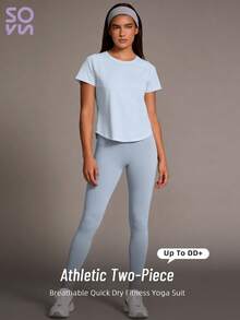 Soyun New Women's Mesh Back Breathable Short Sleeve Yoga Pants Set, Curved Design, Suitable For Outdoor Activities - Baby Blue - View 11