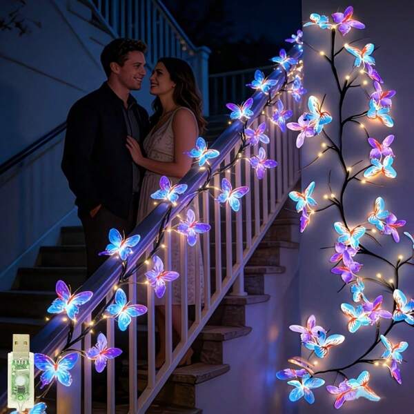 1pc, Butterfly Fairy Lights Decorative Christmas Indoor Outdoor With USB Powered 54LED, 1.3M/4.26FT Butterfly Lights Used For Butterflies Party Supplies Garden Yard Patio Lawn Decor, Gifts For Christmas Easter Birthday Mother's Day (Warm White)