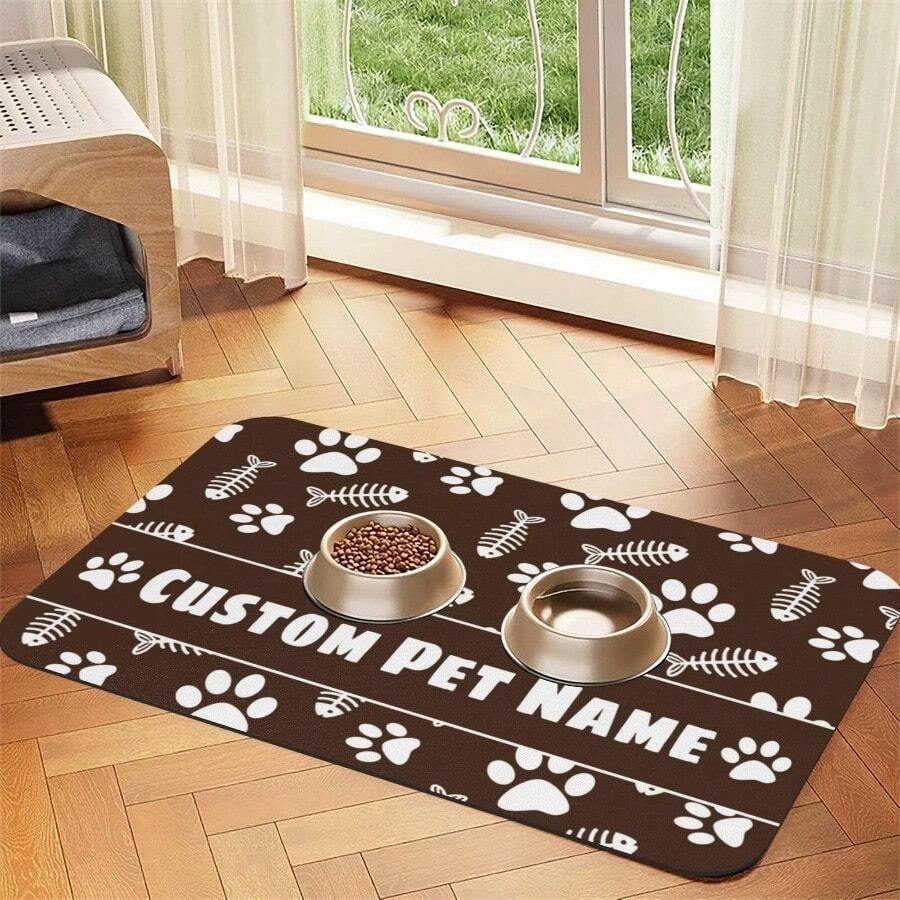 Personalized Custom Name Pet Feeding Mat, Waterproof Oil-Proof Anti-Slip Pad, Residue & Water Proof Floor Protection, Wear Resistant Durable Pet Bowl Mat For Dogs Cats, Home Pet Supplies - Khaki - View 1