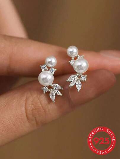 1 Par de Brincos de Pino Elegantes e na Moda com Asa Cintilante e Pérola Falsa, Adequado para Uso Diário, Reuniões e Presentes de Mulheres