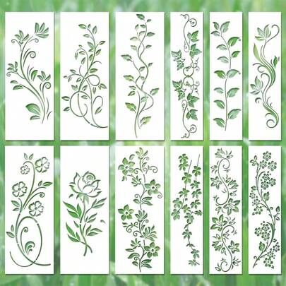 12pcs Hollow Vine & Floral Pattern Reusable PET Painting Template, Featuring Natural Vines, Floral Combinations, Decorative Lines, Suitable For Cabinet Decor, Window Decor, Furniture Makeover, Line Decor, Garden Decor, Craft DIY, Perfect Tool For Handmade Enthusiasts