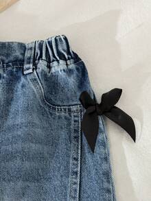Young Girls 2-Piece Set: Gray Sequin Bow Decor Short Sleeve Top + Wide Leg Denim Pants, Summer - White - View 9