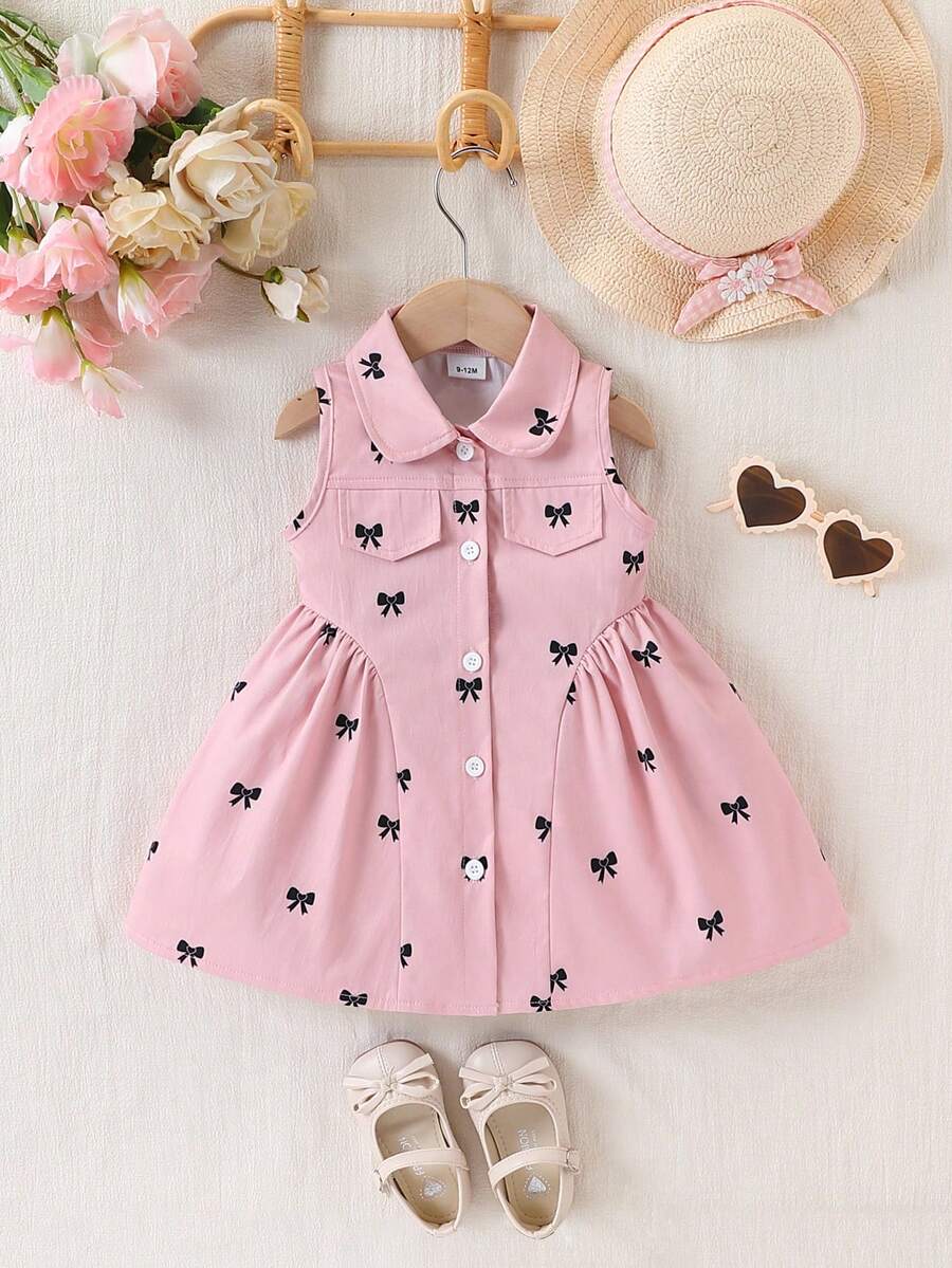 Baby Girl Sleeveless Dress With Collar, All-Over Bow And Button Design, Sweet Princess Style Infant Dress - Pink - View 1