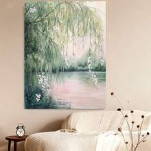 Con marco 1 pieza de Enmarcado de Árbol de Sauce Rústico Moderno - Pared de Sauce Verde y Flores Blancas, Marco Envolvente de de Pino, Listo para Colgar para Sala de Estar, Dormitorio, Decoración de Oficina - Decoración de Pared de Escena Boscosa de Temática Natural Minimalista, 2D Plano - Enmarcado - Ver 4