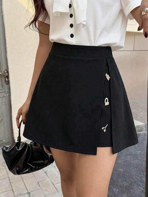 Women's Black Non-Stretch Fabric Mini Skirt With Button Detail, Fashionable And Versatile, Suitable For Daily Wear
