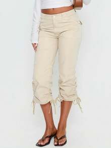 Womens Ruched Cargo Capri Pants Mid Rise Elastic Waist Drawstring Ankle Tie Cuff Solid Color Slim Fit Cropped Trousers Y2K Knee Length Cropped Pants Spring Summer Casual Daily Vacation Streetwear - Màu be - Xem 5