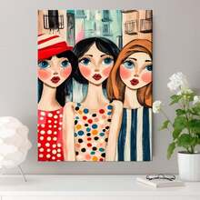 Arte de Pared Grande 2D Plano, 1 Pieza Enmarcado a Mano en Madera de Pino - Elegante Óleo de Tres Mujeres en la Calle, Póster en Lienzo Envoltorio para Interiores, Instalación con Gancho, para Hogar, Oficina, Sala de Estar - Obra de Arte de Figura Femenina, 2D Plano - Enmarcado - Ver 3