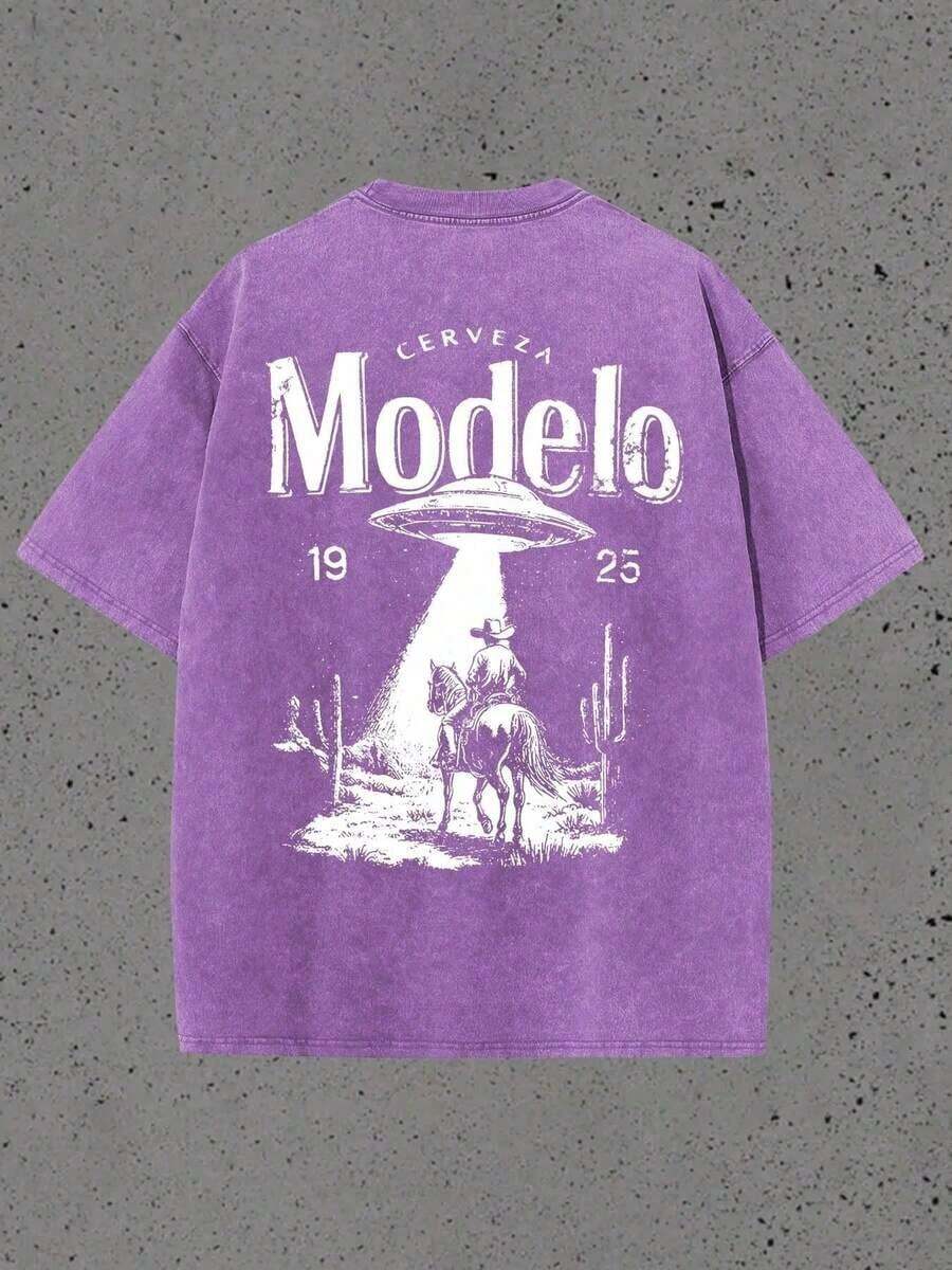 Graphic Tees Men Double Sided Washed Printing Modelo UFO Cowboy Graphic Water Gifts Ropa De Hombre Summer Clothes Summer Summer Tops - 紫羅蘭色 - 查看 1