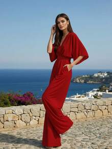 Deep Neck Butterfly Sleeve Wide Leg Jumpsuit With Adjustable Waist - Red - View 4